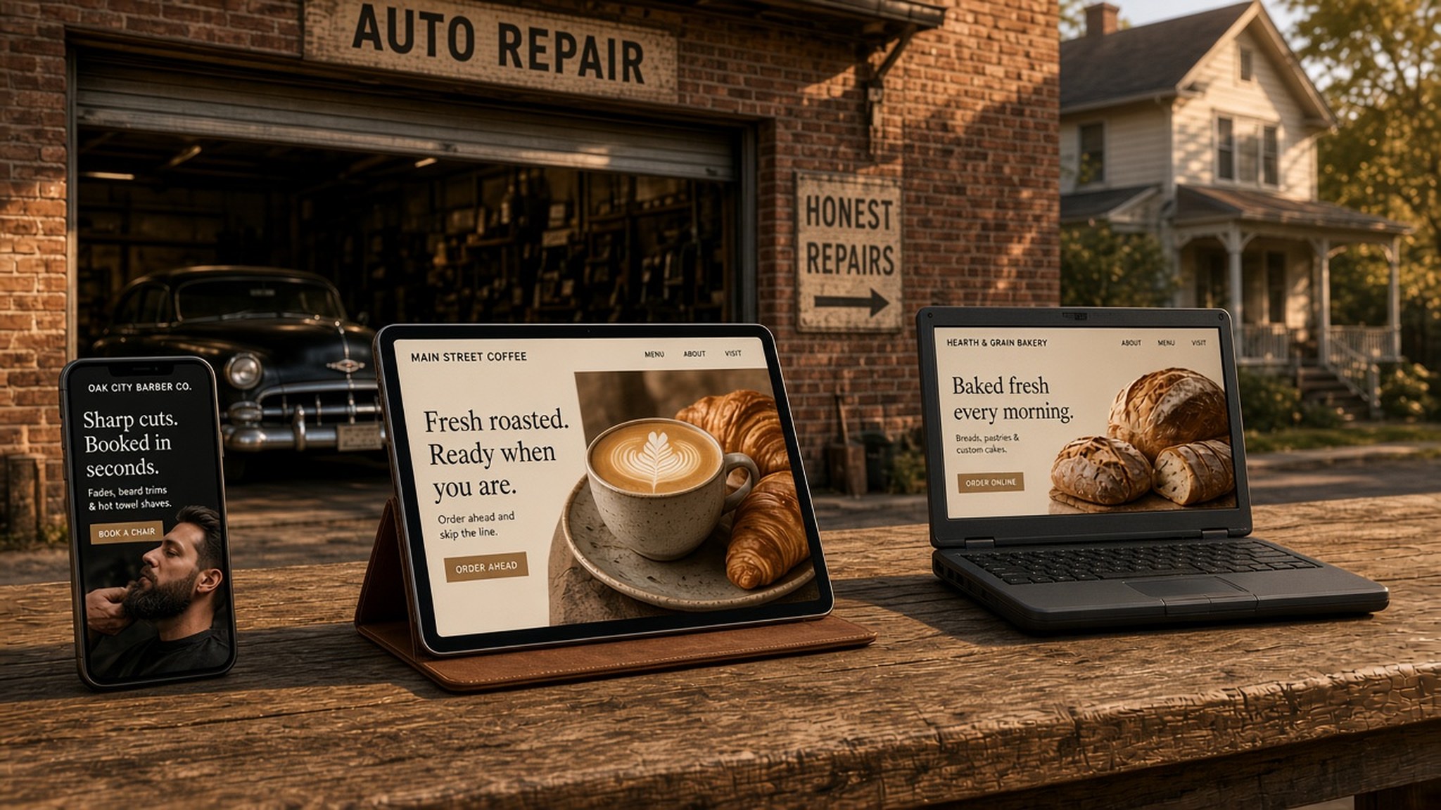 Sample Oak City Sites designs: a barbershop site on a phone, a coffee shop site on a tablet and a bakery site on a retro monitor, in front of a brick auto repair garage