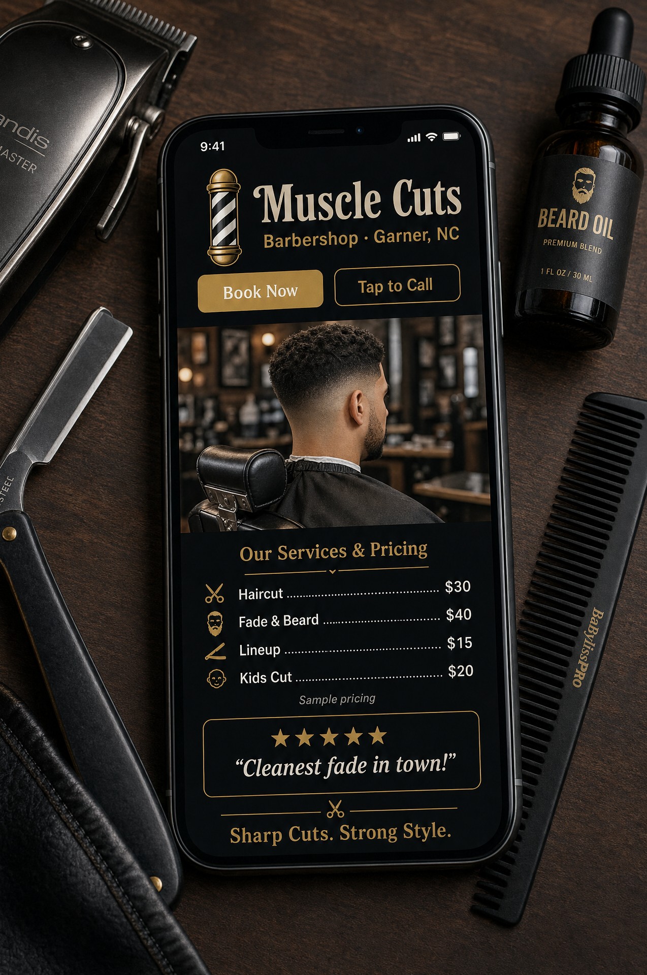Muscle Cuts barbershop mobile website mockup